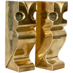 Vintage French Solid Polished Bronze Abstract Owl Sculptural Bookends 