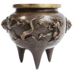Antique Chinese Bronze Tripod Censer with Monkeys
