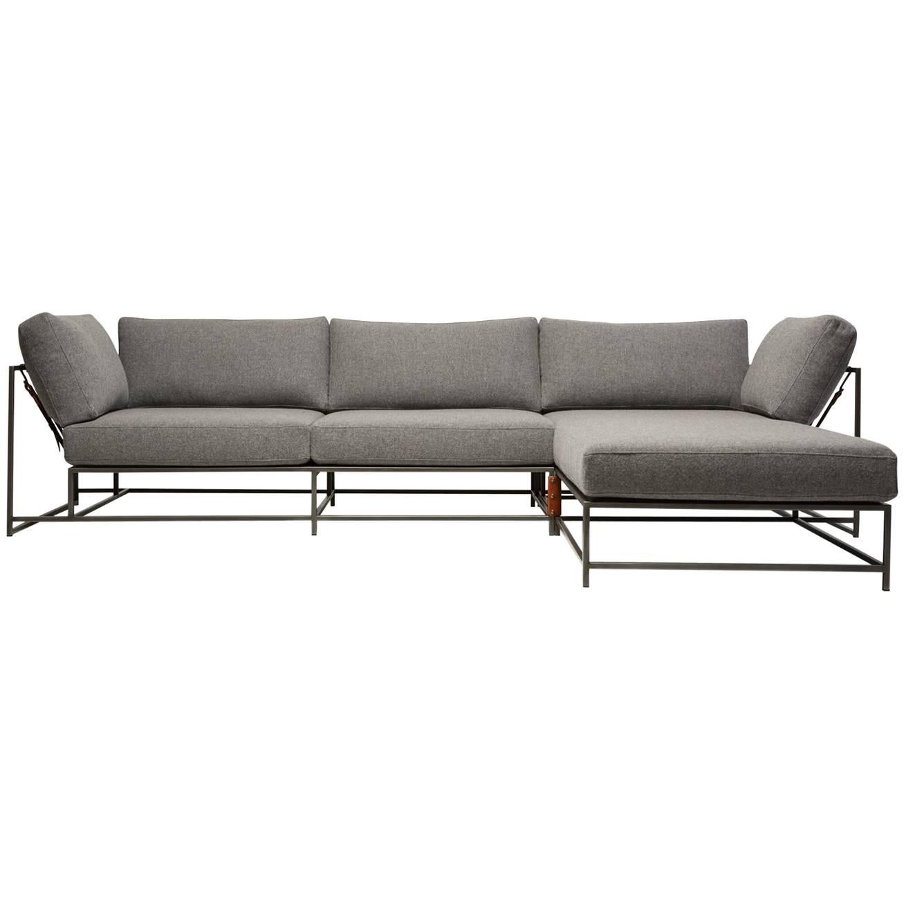 Grey Wool & Blackened Steel Lounge Sectional For Sale