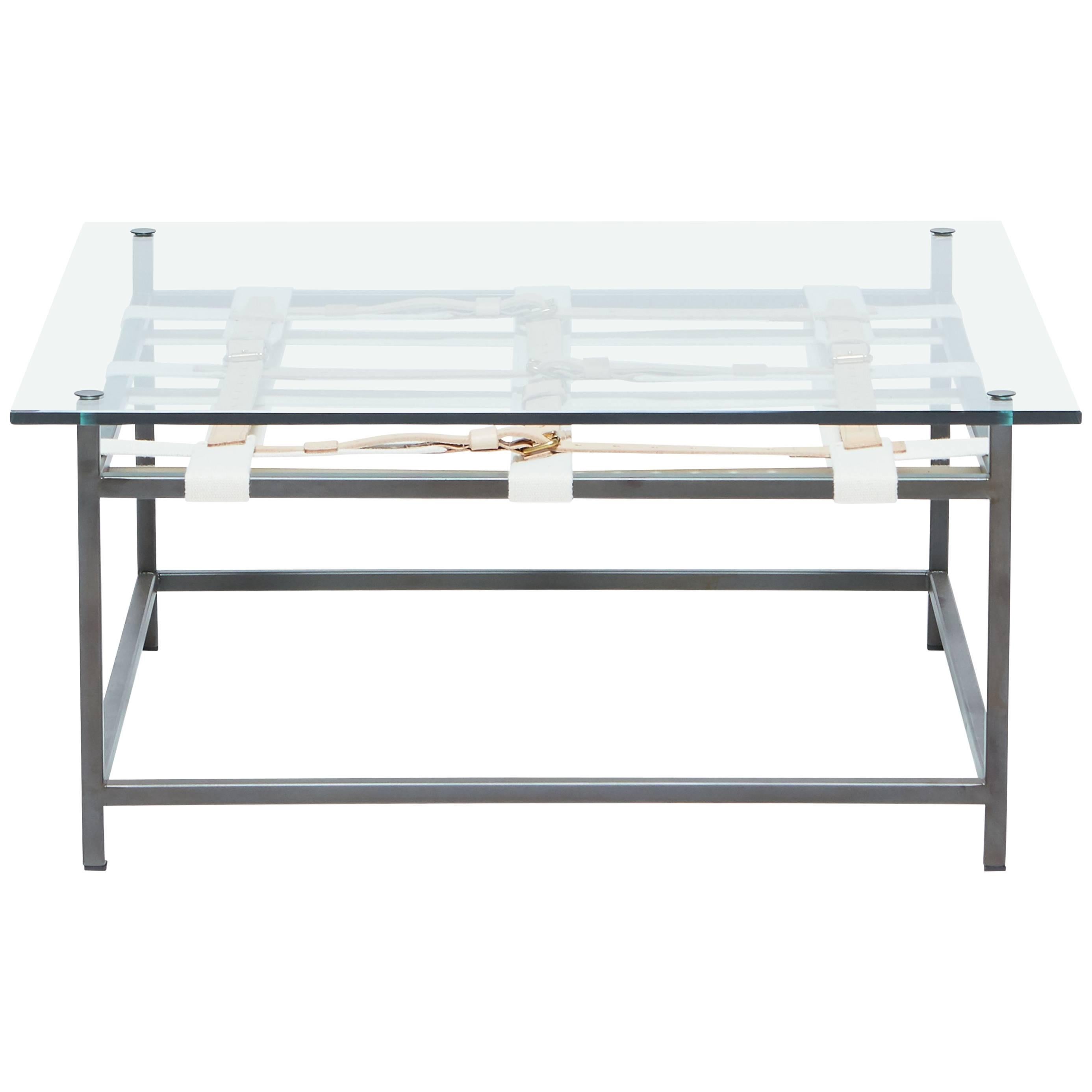 Glass Coffee Table with Blackened Steel Frame & Belts For Sale
