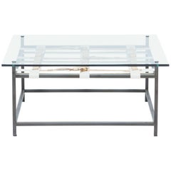 Glass Coffee Table with Blackened Steel Frame & Belts