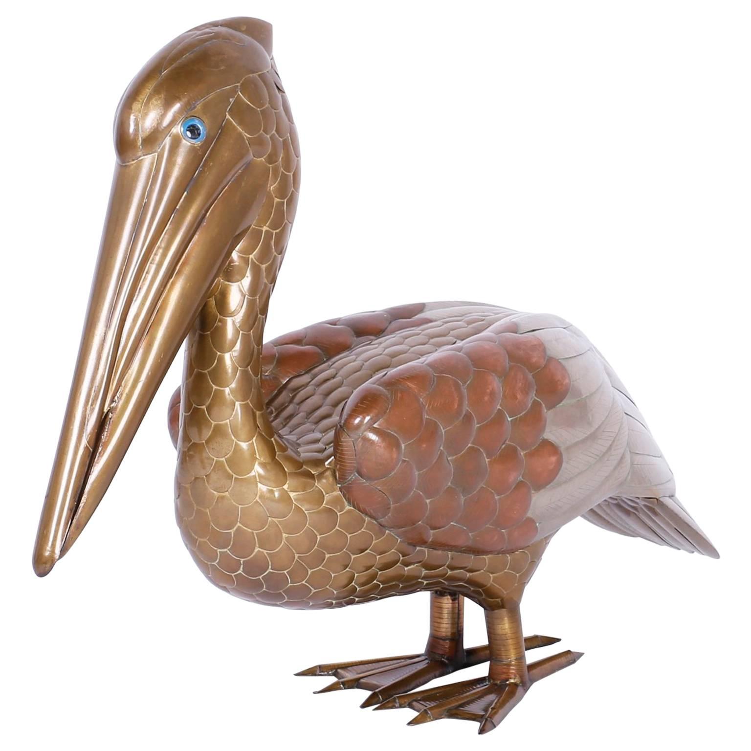 Midcentury Brass and Copper Pelican Sculpture For Sale