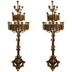 Antique Pair of Large Floor Standing Brass Candelabras, circa 1860