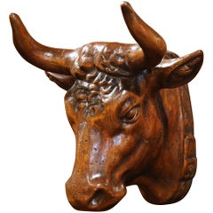 French Hand-Carved Walnut Patinated Cow Head with Collar