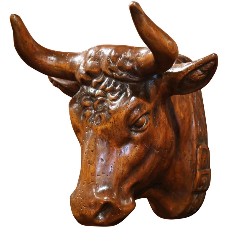 French HandCarved Walnut Patinated Cow Head with Collar at 1stDibs
