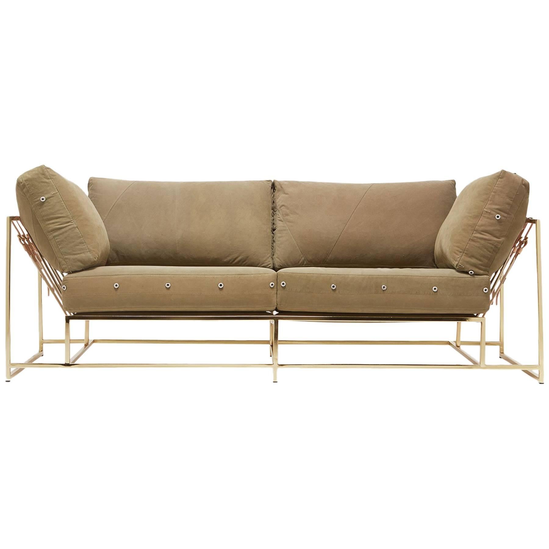 Vintage Military Canvas and Polished Brass Two-Seat Sofa For Sale