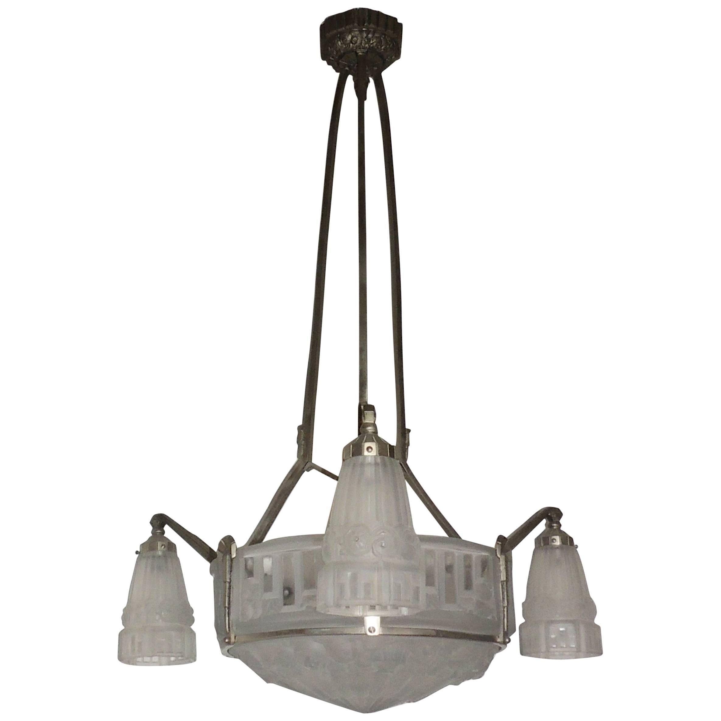 Large Art Deco Six-Light Frosted Glass Silvered Bronze Globe Chandelier For Sale