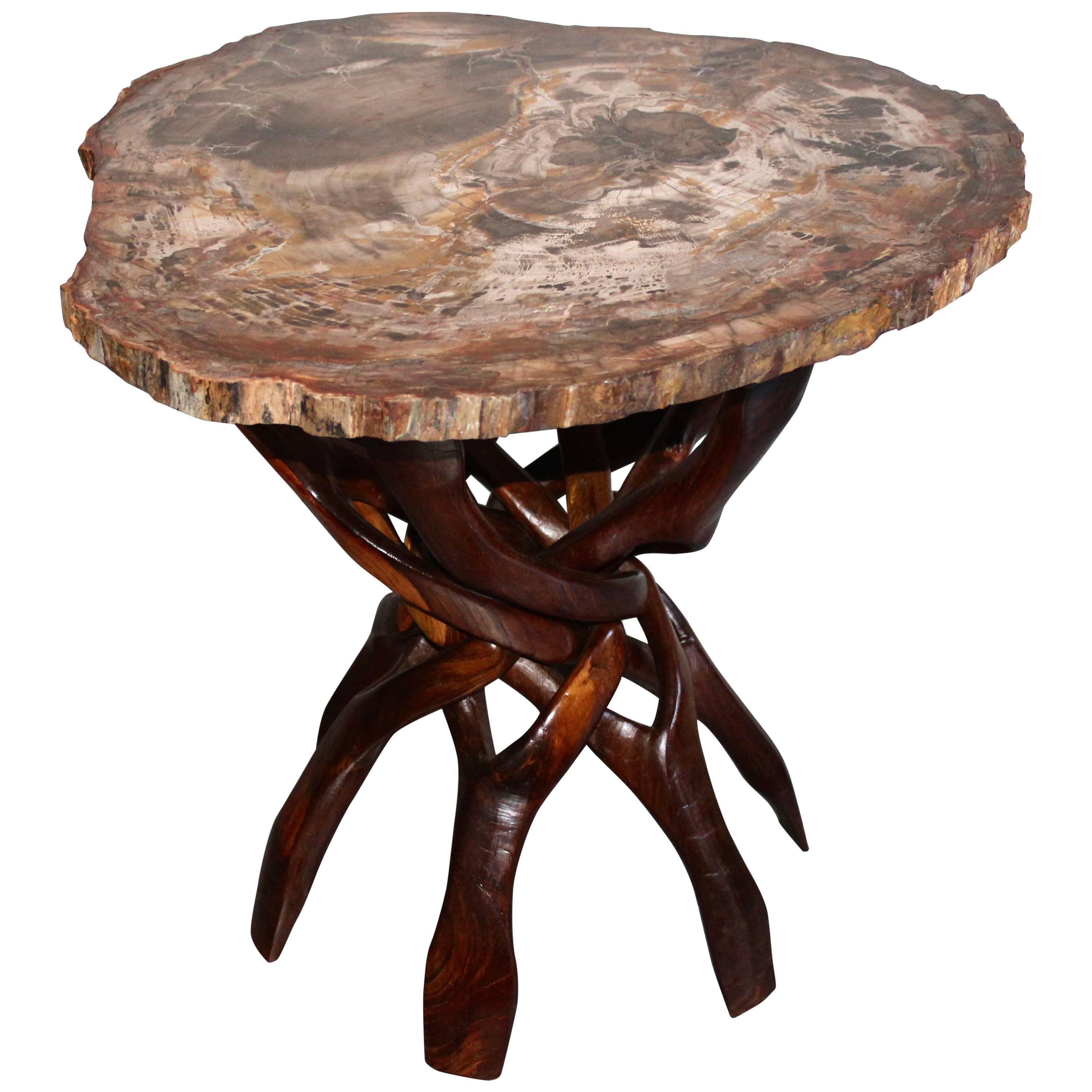  Petrified Wood Table with African Rosewood Foot For Sale