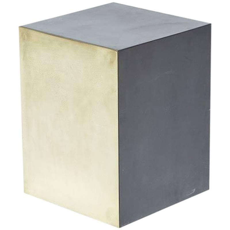 Tarnished Brass and Blackened Steel Block Side Table