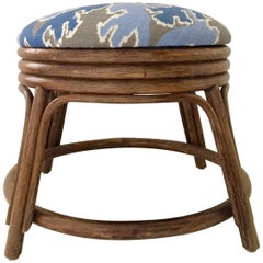 Vintage Ficks Reed Style Rattan Reed and Linen Ikat Stool