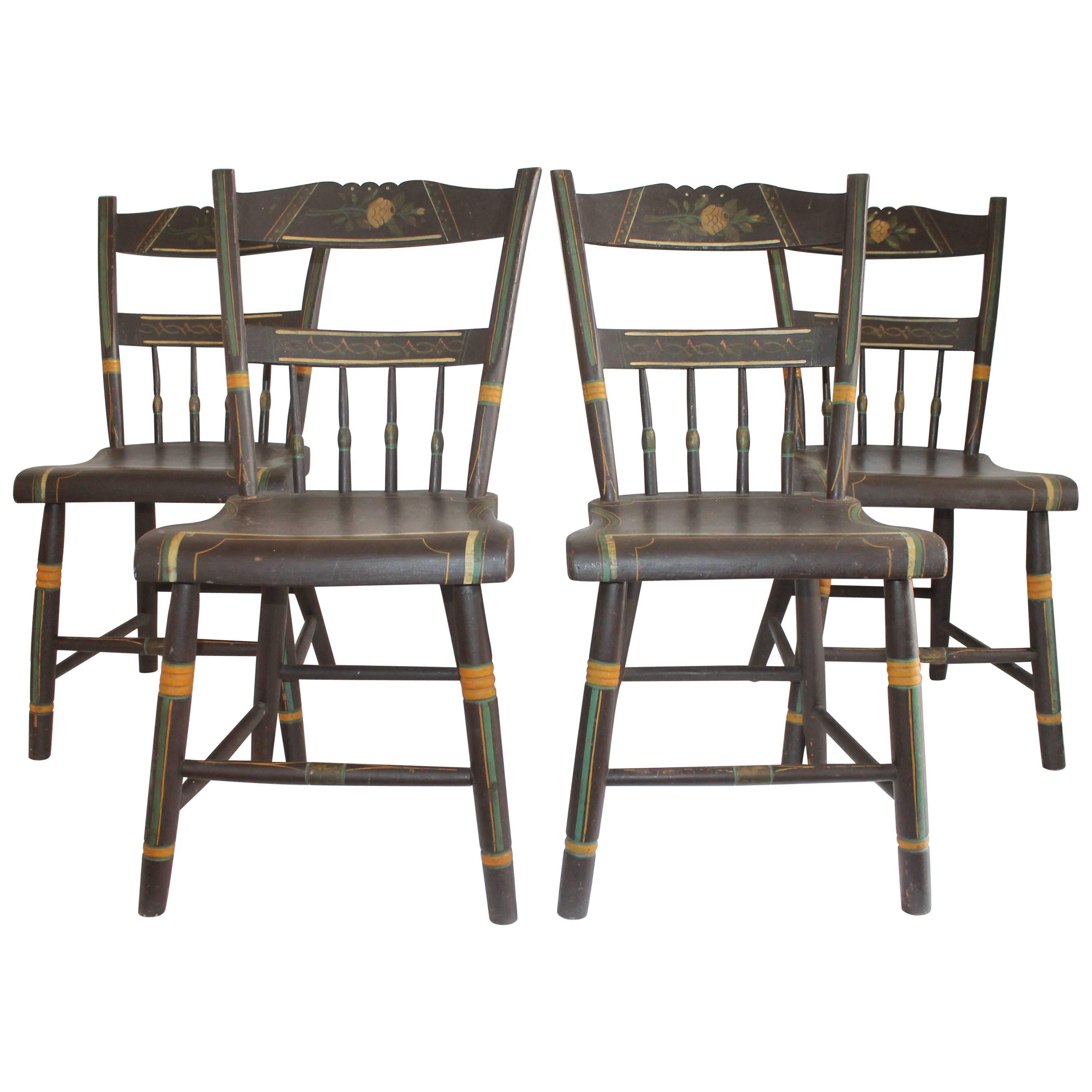 19th Century Original Paint Decorated Pennsylvania Plank Bottom Chairs