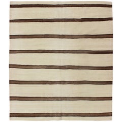 Vintage Turkish Kilim  in Cream with Horizontal Brown Stripes and Modern Design