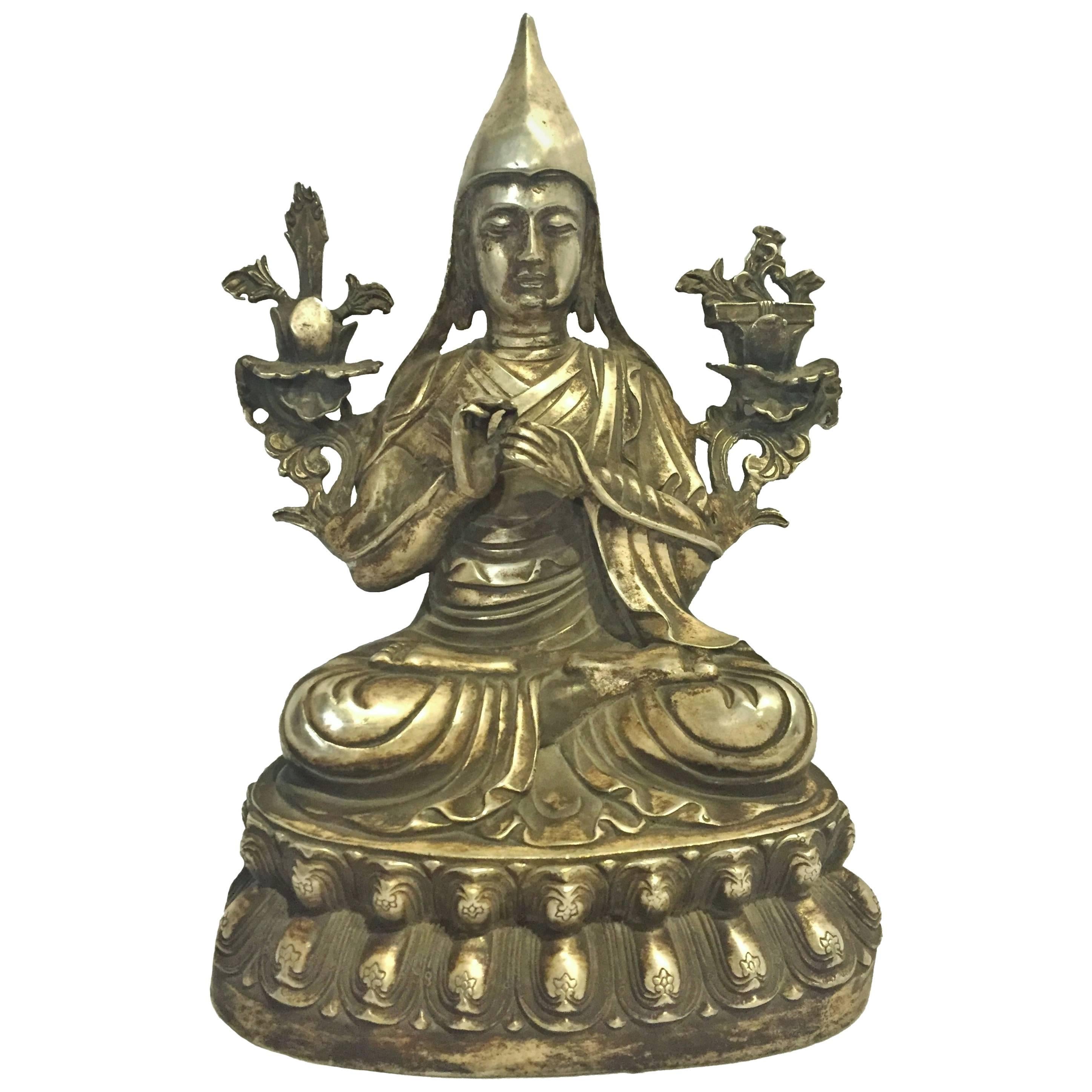 Silvered Bronze Tibetan Statue of Teacher, Tsonkapa