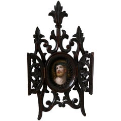 Antique 19th Century French Carved Wood Oratory Reliquary Hand-Painted Porcelain Christ