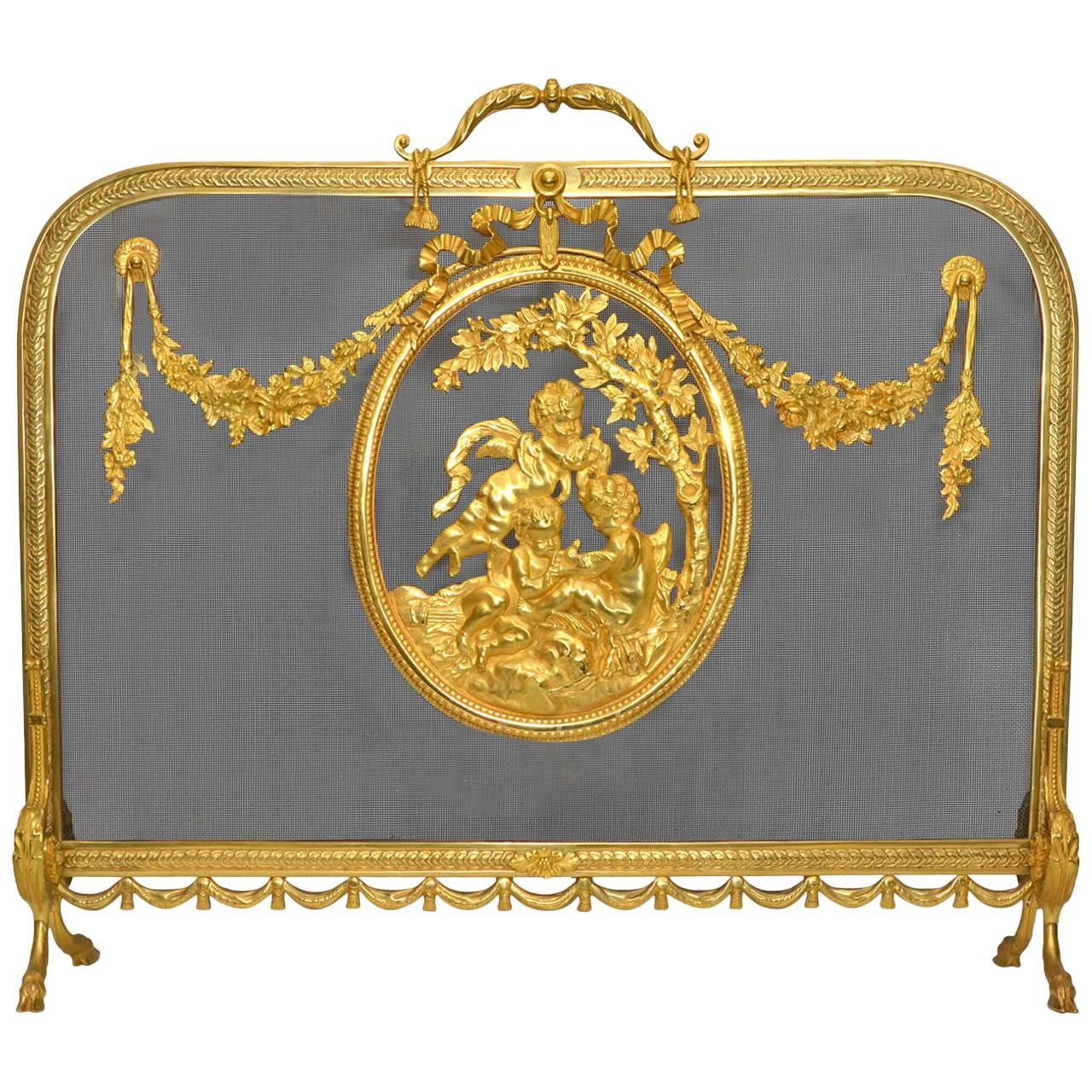 Exceptional Louis XVI Style Gilded Bronze Screen Fire For Sale