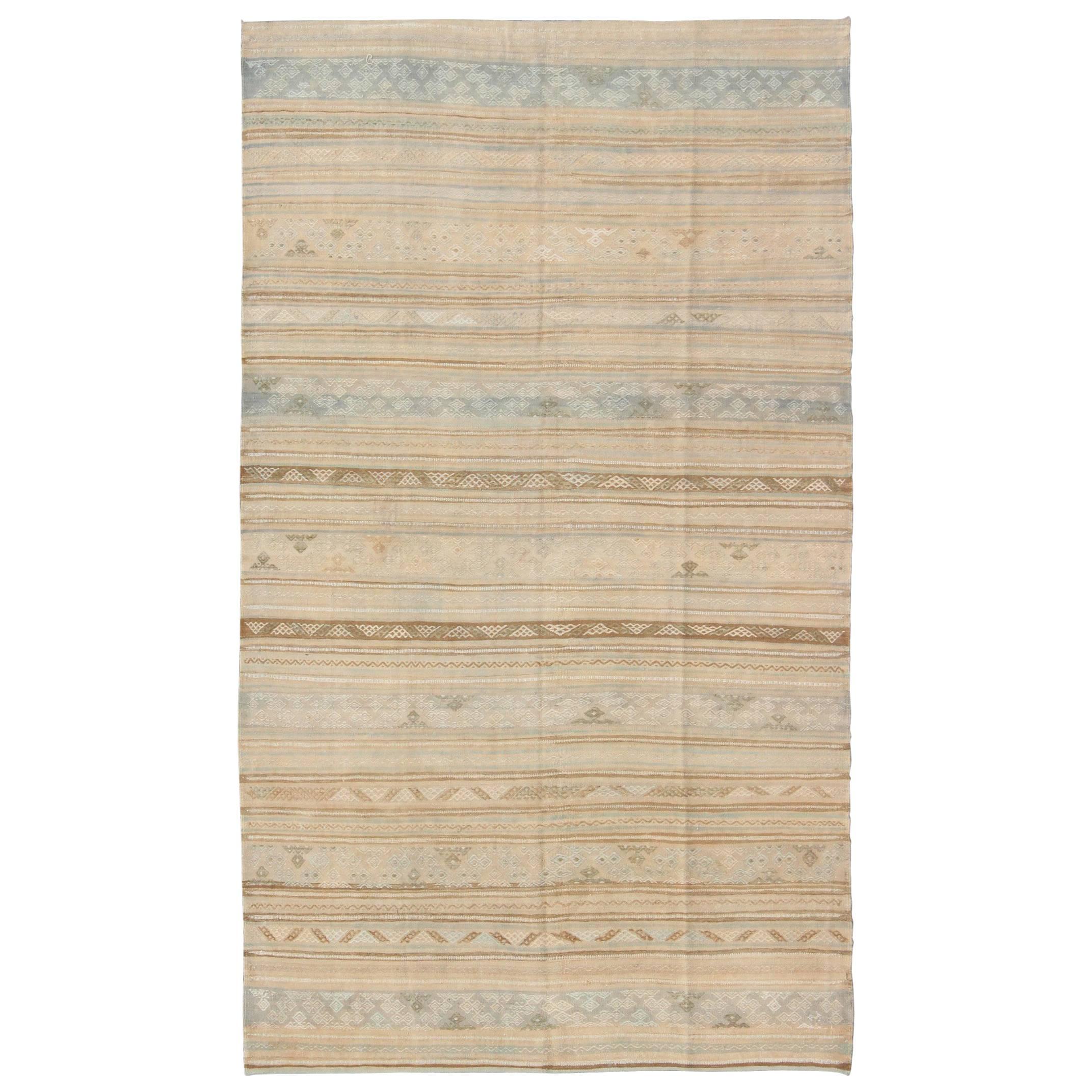 Neutral Stripes Vintage Turkish Kilim Rug with Assorted Geometric Tribal Shapes For Sale
