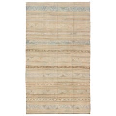 Neutral Stripes Vintage Turkish Kilim Rug with Assorted Geometric Tribal Shapes