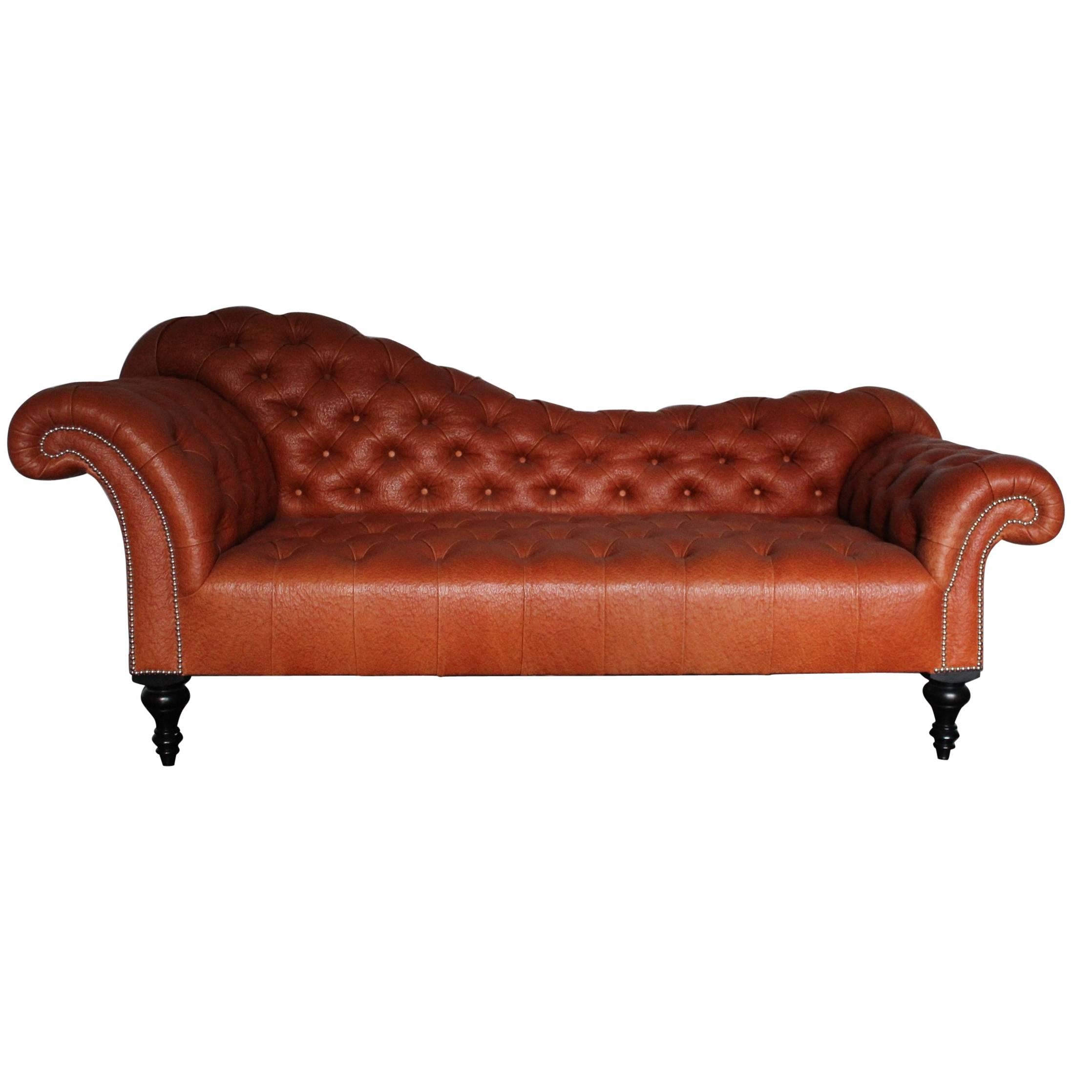 George Smith “Dog-Kennel Bed” Sofa/Chaise in Special-Order Tan-Brown Leather