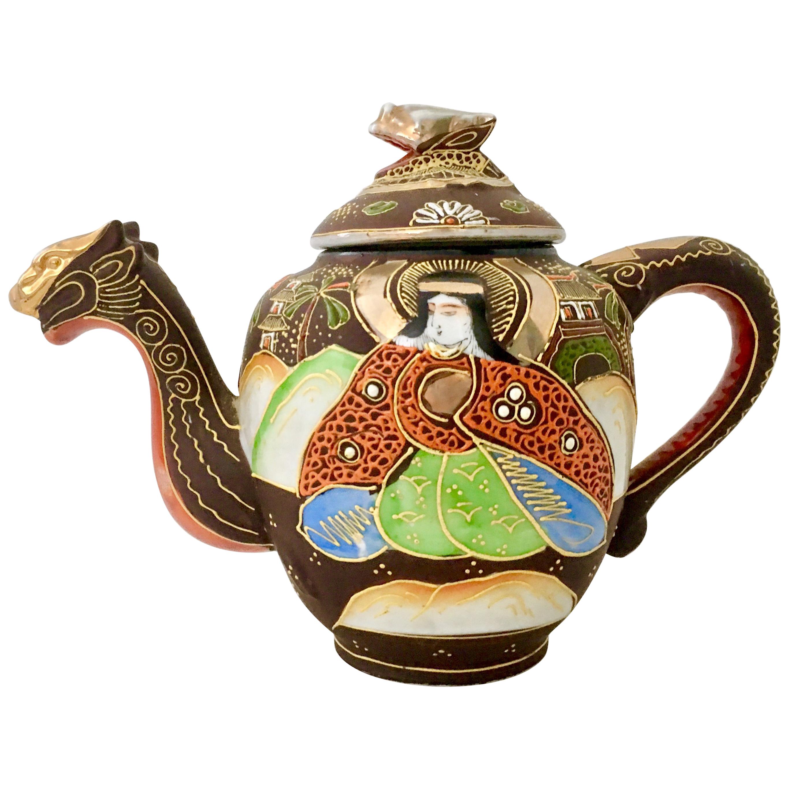 Antique Japanese Hand-Painted Porcelain Satsuma Moriage Dragon Tea Pot