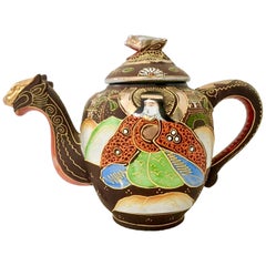 Antique Japanese Hand-Painted Porcelain Satsuma Moriage Dragon Tea Pot