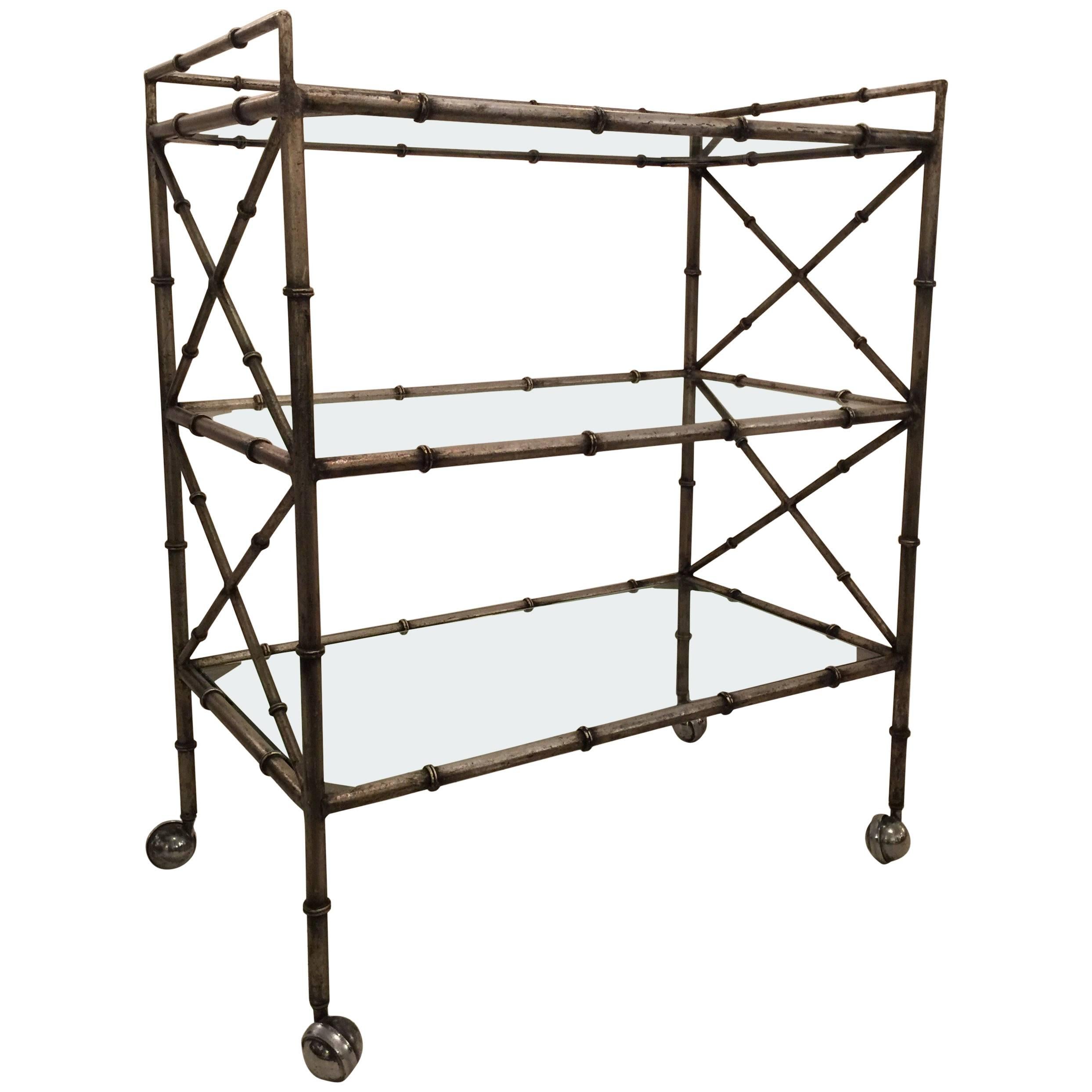 Midcentury Solid Iron Silvered Beverage Cart