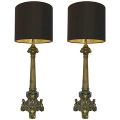 Figural Brass and Marble Fluted Column Greek Key Table Lamps, Pair