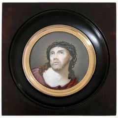 Antique 19th Century French Miniature Portrait Hand-Painting of Christ