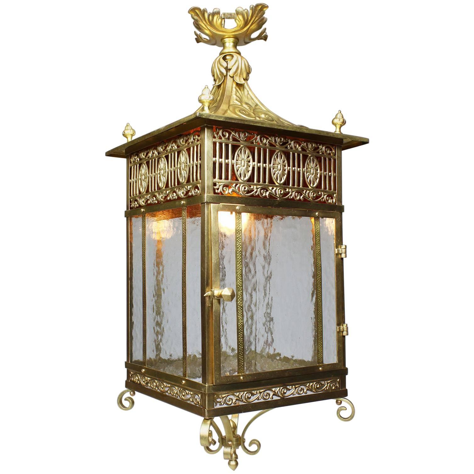 English Early 20th Century Chippendale Style Brass & Gilt-Metal Hanging Lantern