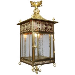 Antique English Early 20th Century Chippendale Style Brass & Gilt-Metal Hanging Lantern