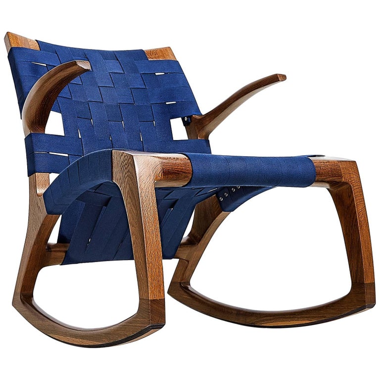 Fumed White Oak Wood Luna Rocking Chair with Webbed Seat by Goebel For ...