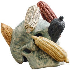 Retro Mexican Ceramic Corn Skull Sculpture Hand Crafted Folk Art, Edition 1/30