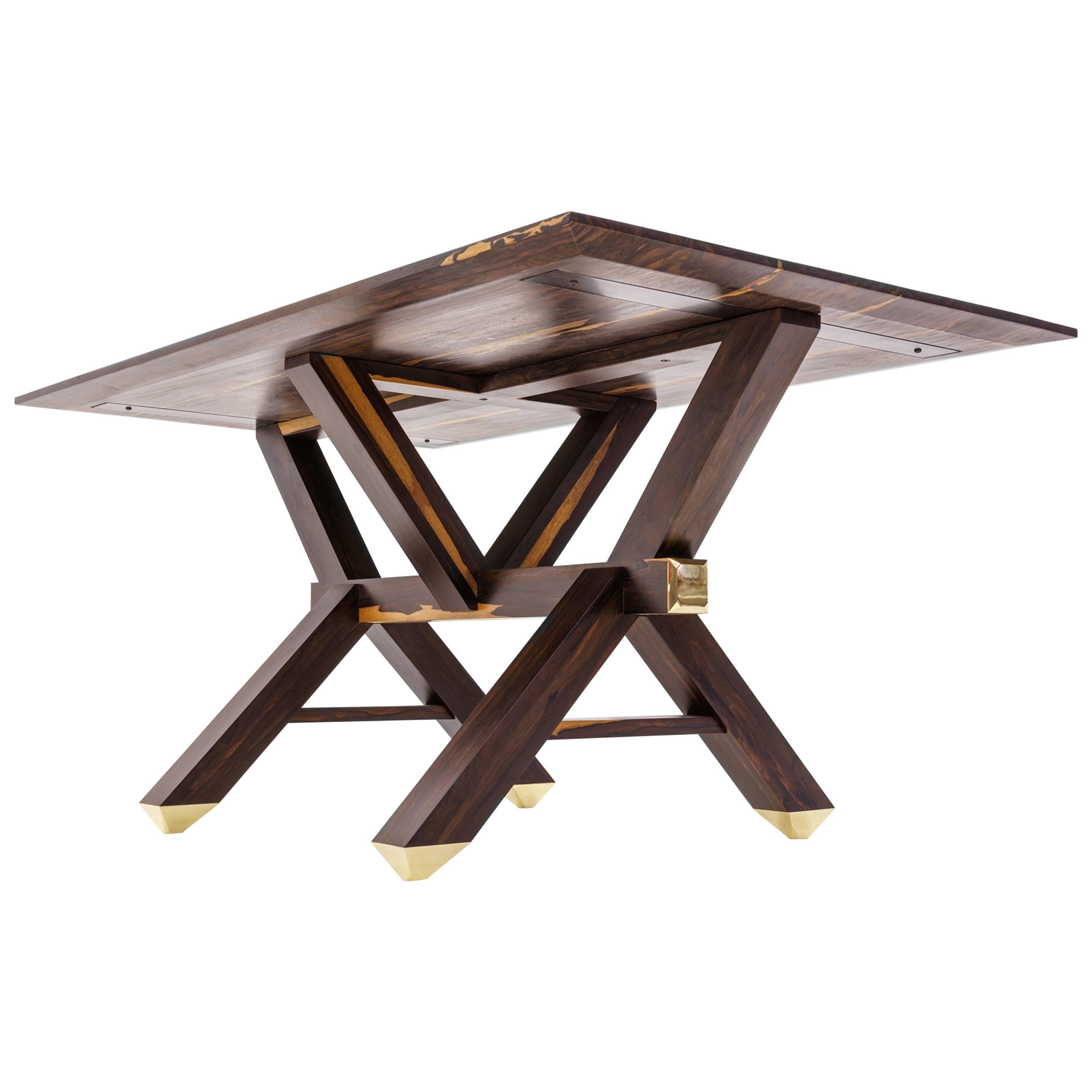 Contemporary Wood Dining Table, Handmade, with Brass Hardware, Customizable For Sale