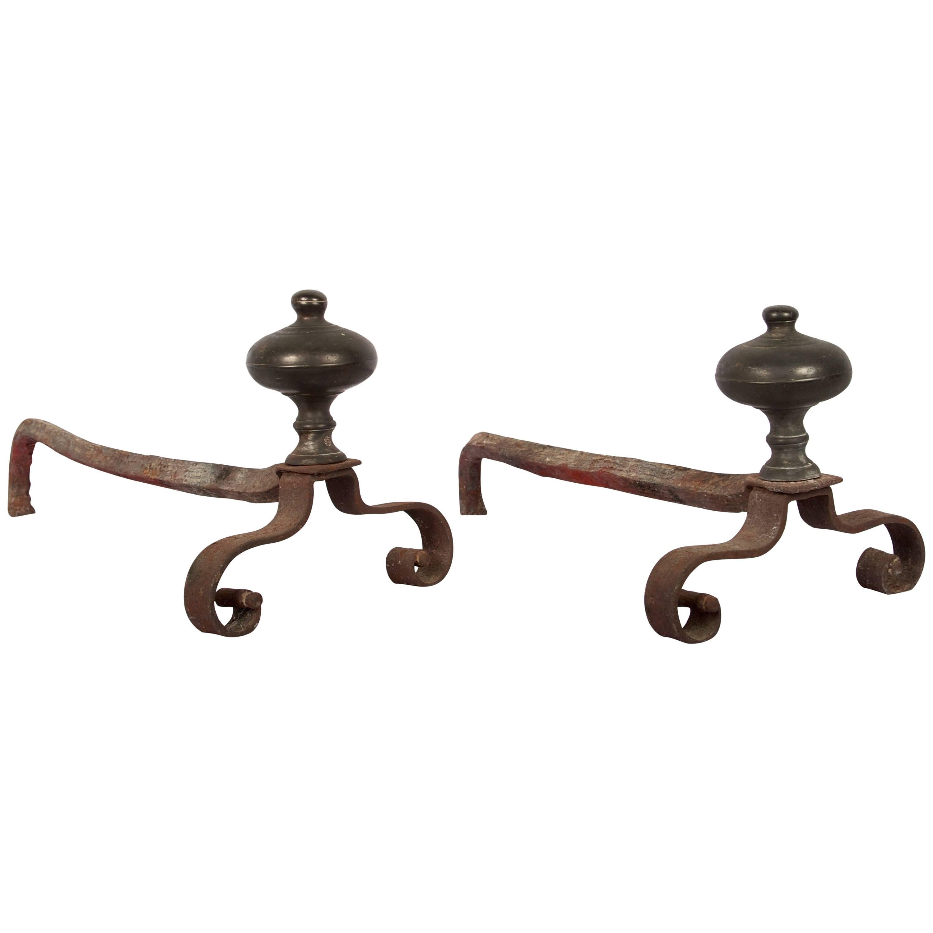Early 19th Century Hand-Forged Andirons with Lovely Patinated Turned Finial