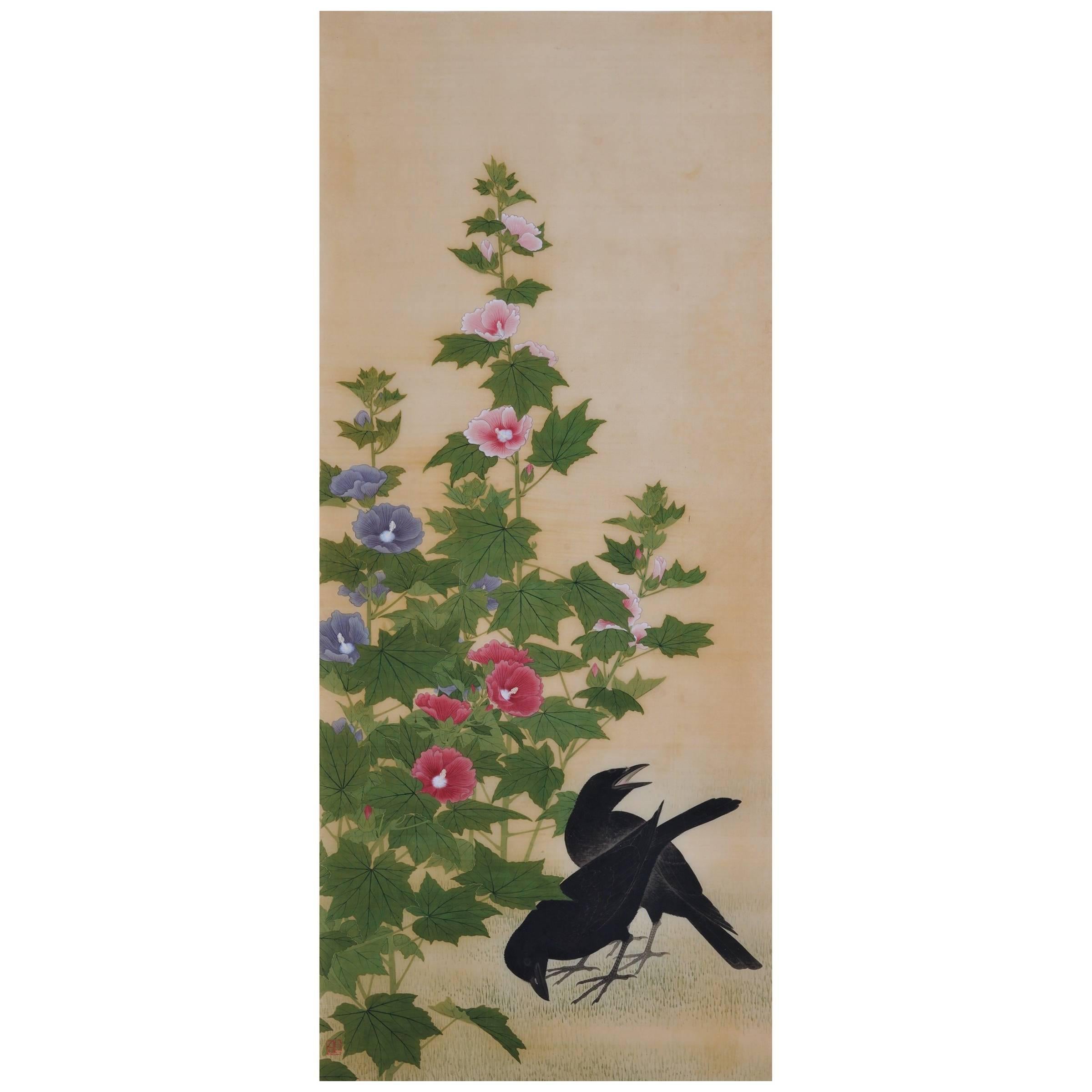 19th Century Japanese Bird and Flower Painting, Ravens and Hibiscus