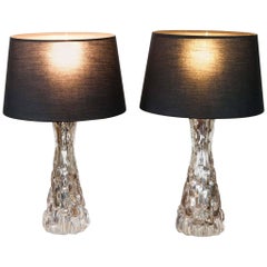 1960s Pair of Small Carl Fagerlund Crocorelief Glass and Chrome Orrefors Lamps