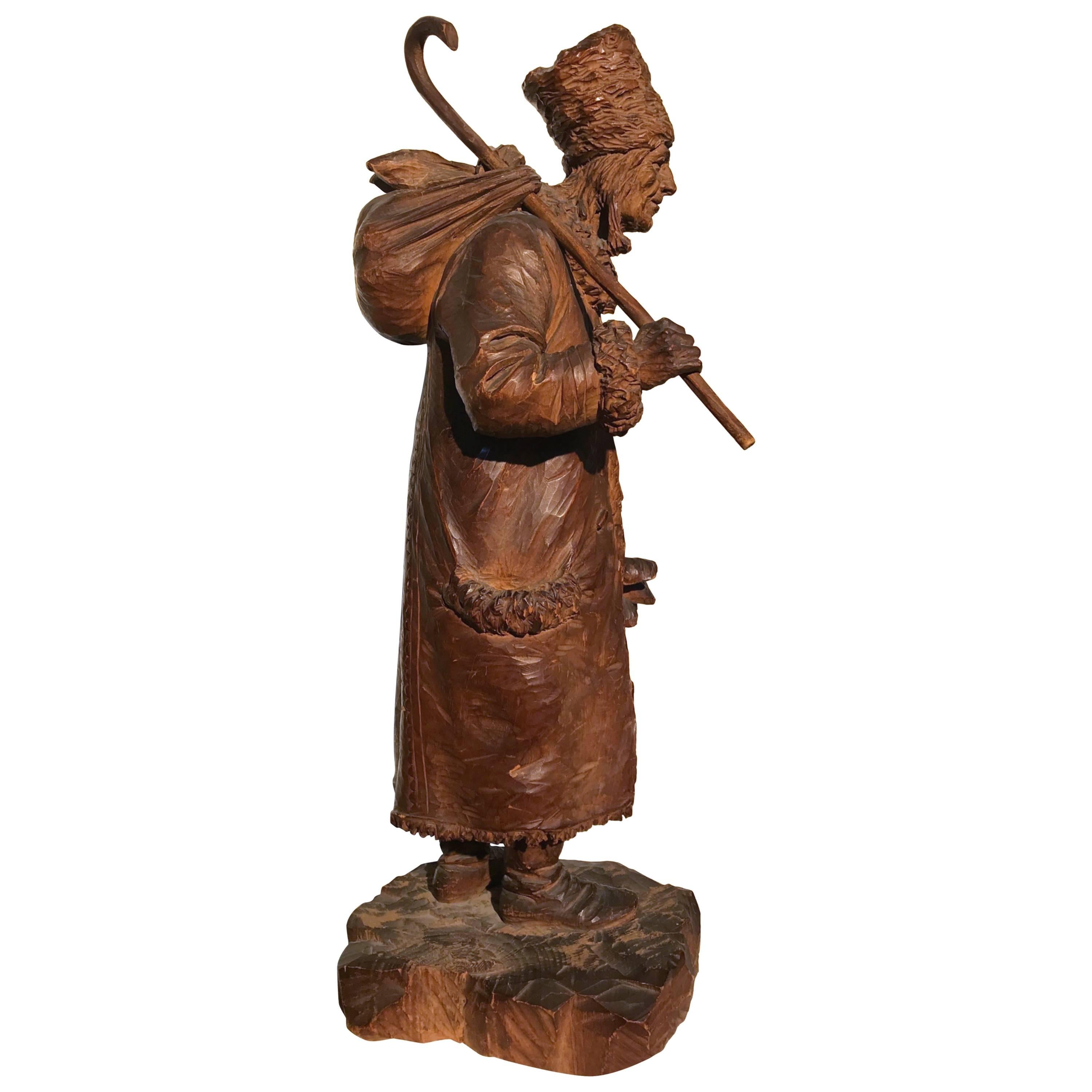 Antiquities & Amazing Antiques Quality Hand Carved Wood Sculpture / Pilgrim Traveler Statue en vente