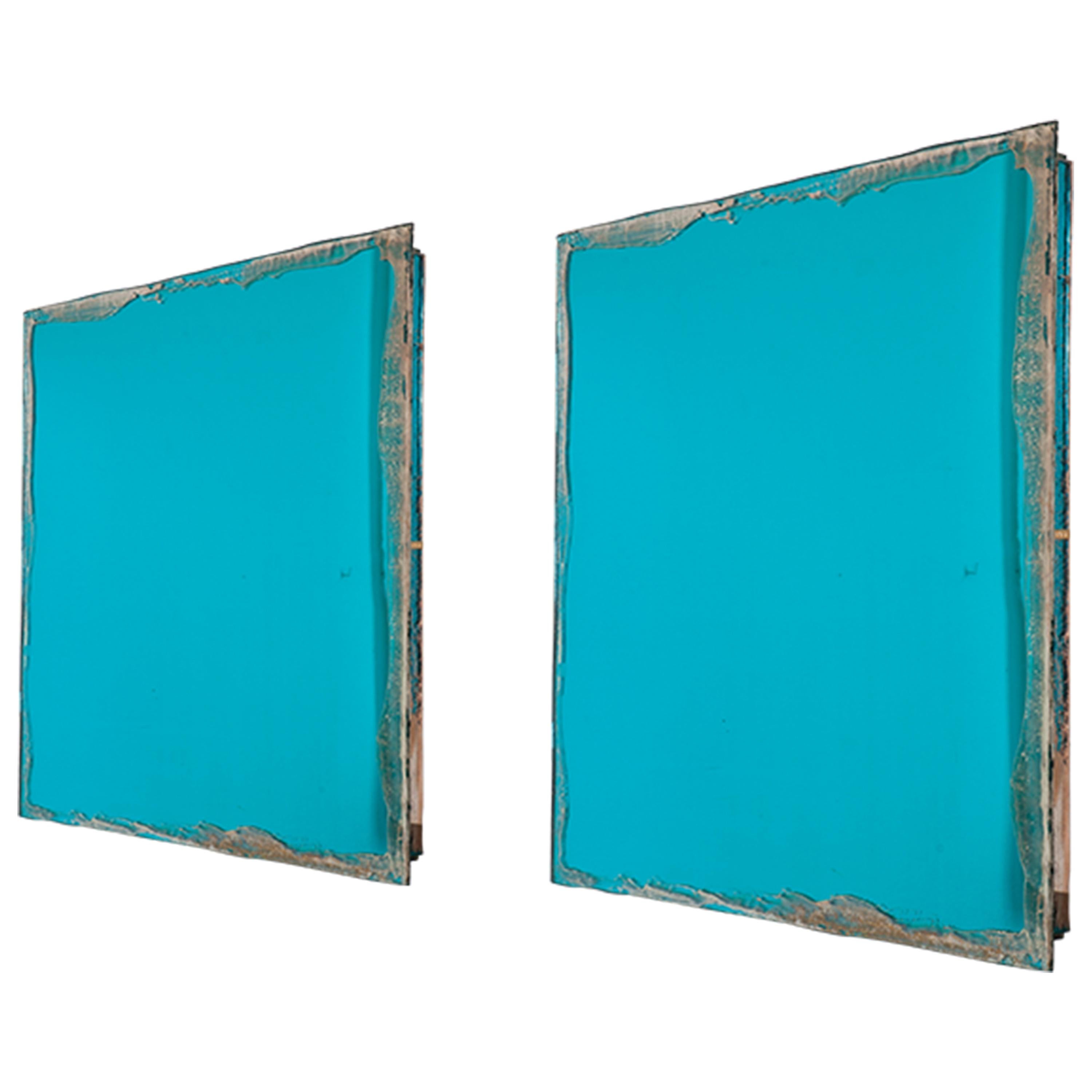 "Shiny" contemporary mirror, aquamarine 70's silvered glass, birch wood  