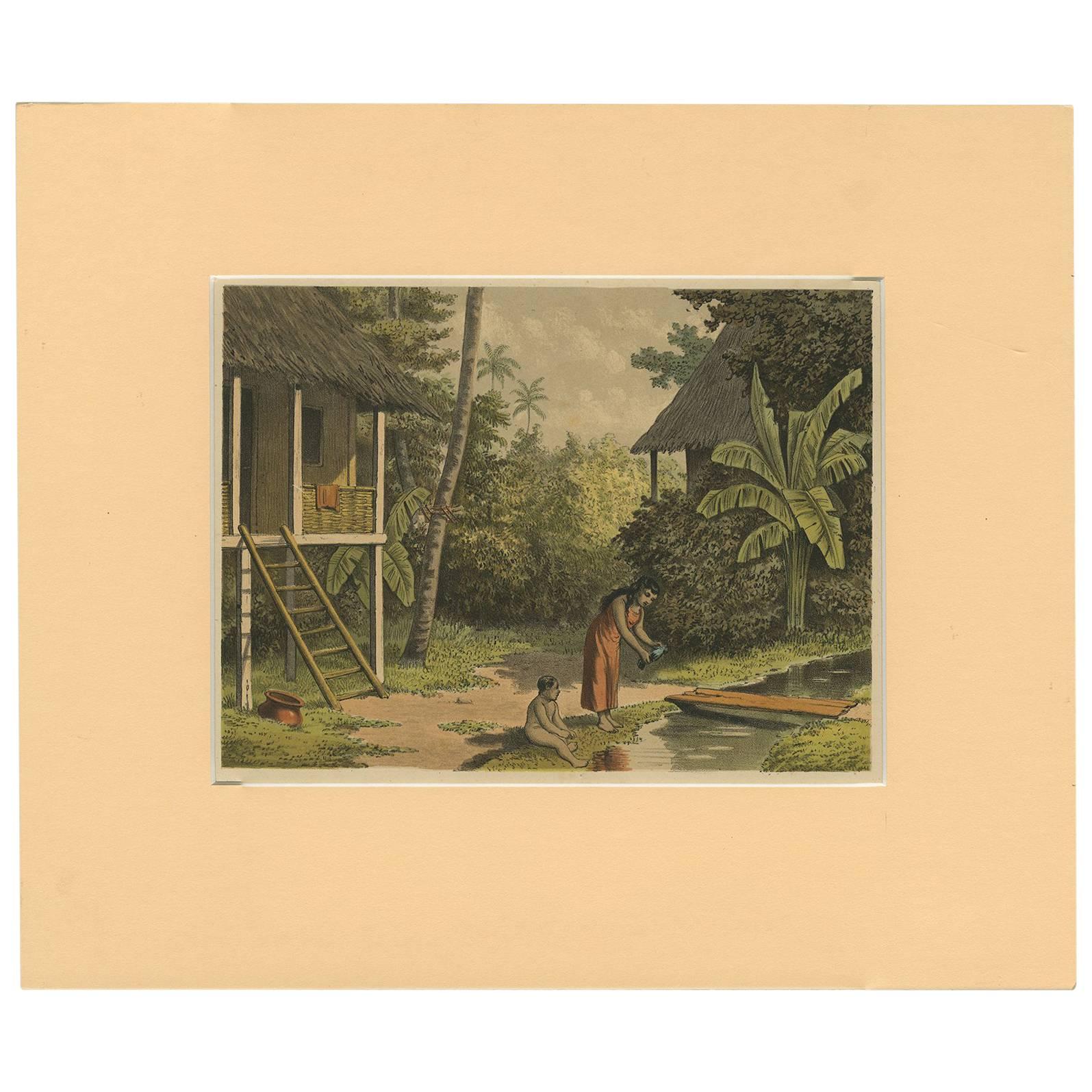 Antique Print of a House in Oleh-Leh, on Atjeh 'Sumatra, Indonesia' by Perelaer For Sale