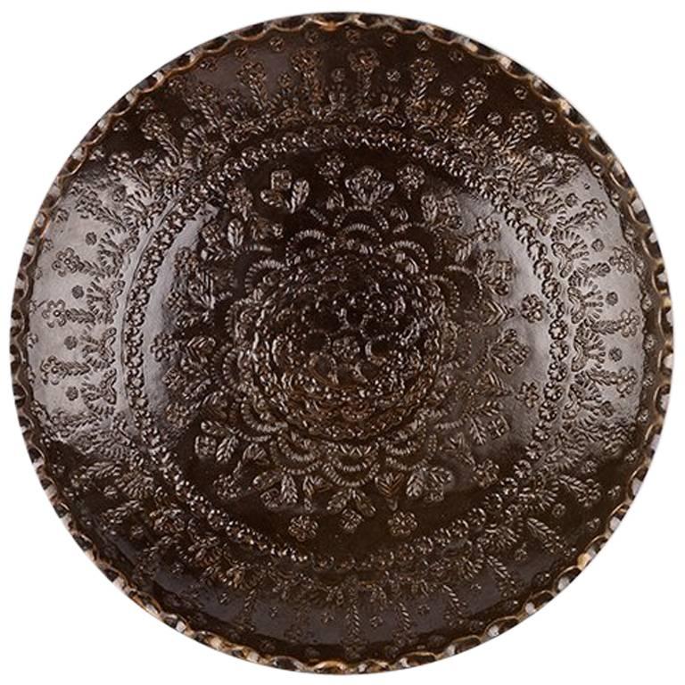 One of a Kind Dark Brown Ceramic Decorative Plate For Sale