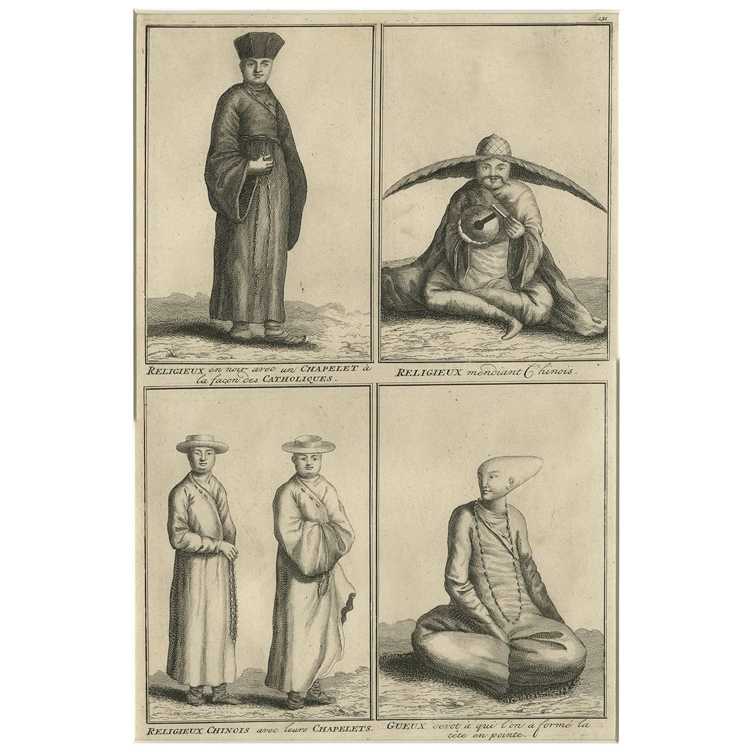 Antike Gravuren von „chinesischen“ Priestern und Bettlern, um 1728