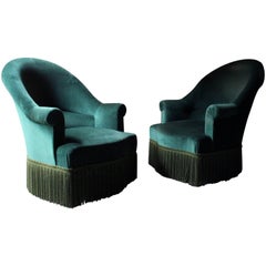 Pair of French Napoleon III Style Beech and Green Velvet Easy Armchairs
