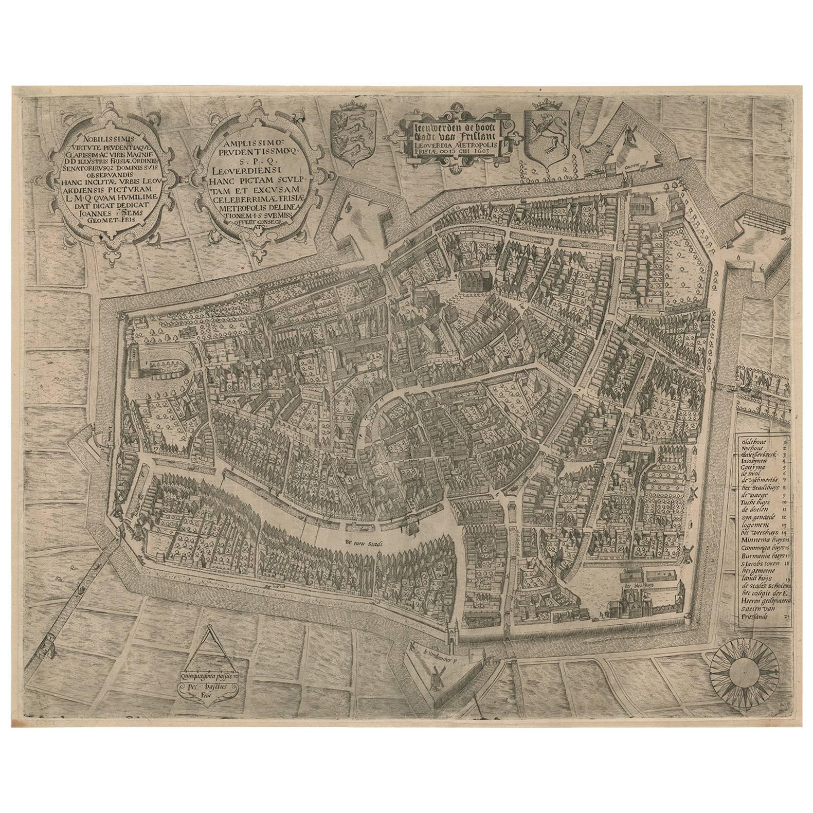 Antike Karte von Leeuwarden, Friesland, Niederlande, von P. Bast, 1603