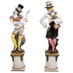 Antique 19th Century Pair of Large Ceramic Painted Statues on Plinths