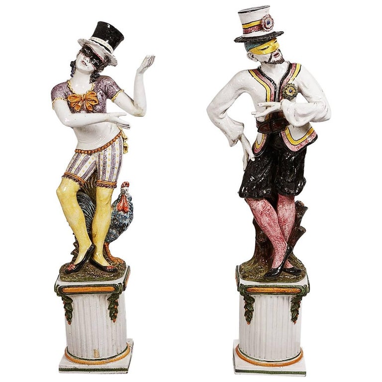 19th Century Pair of Large Ceramic Painted Statues on Plinths at