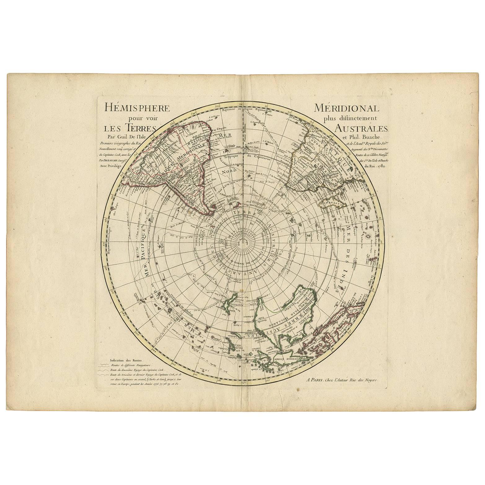 18th Century Antique Engraving of the Southern Hemisphere by G. de L'Isle