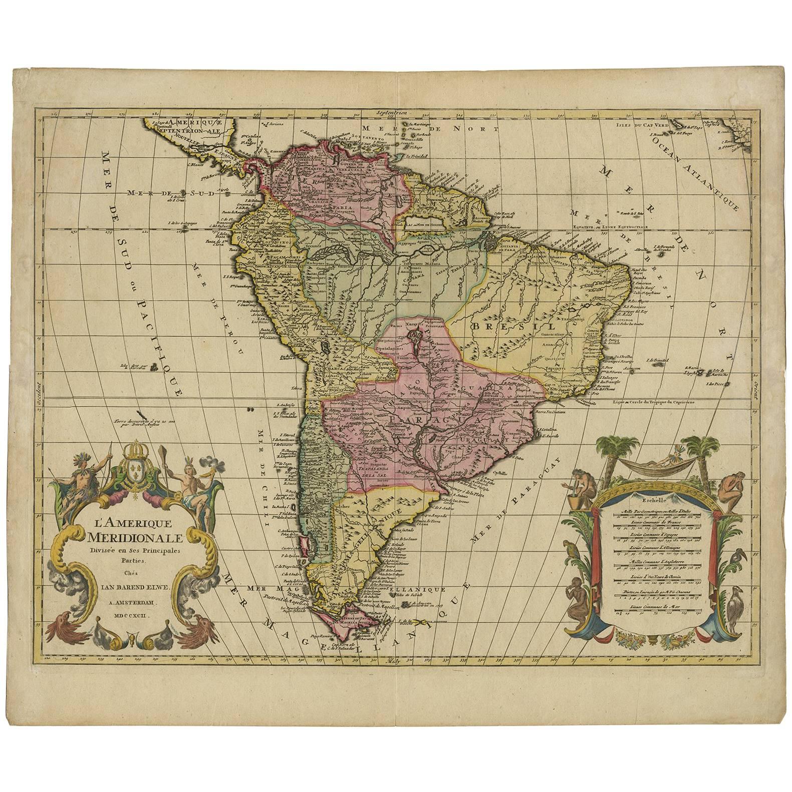 Decorative Original HandColoredAntique Map of South America by J.B. Elwe, 1792