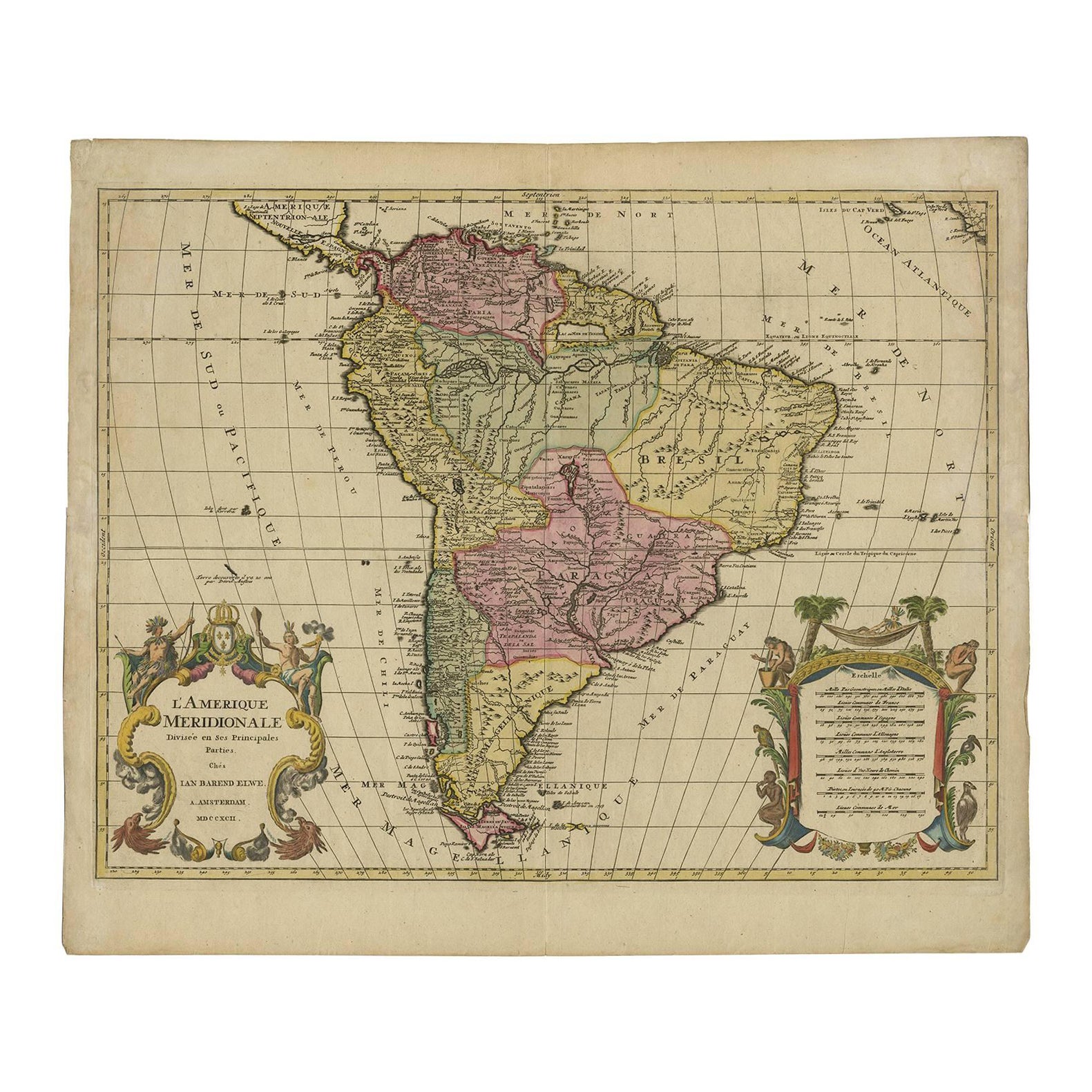 Map of South America 1792 by Elwe – Hand-Colored Antique Dutch Engraving For Sale