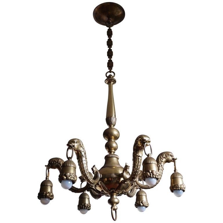 Stunning Bronze and Brass Mythological and Stylized Sea Horse Chandelier /  Pendant For Sale at 1stDibs