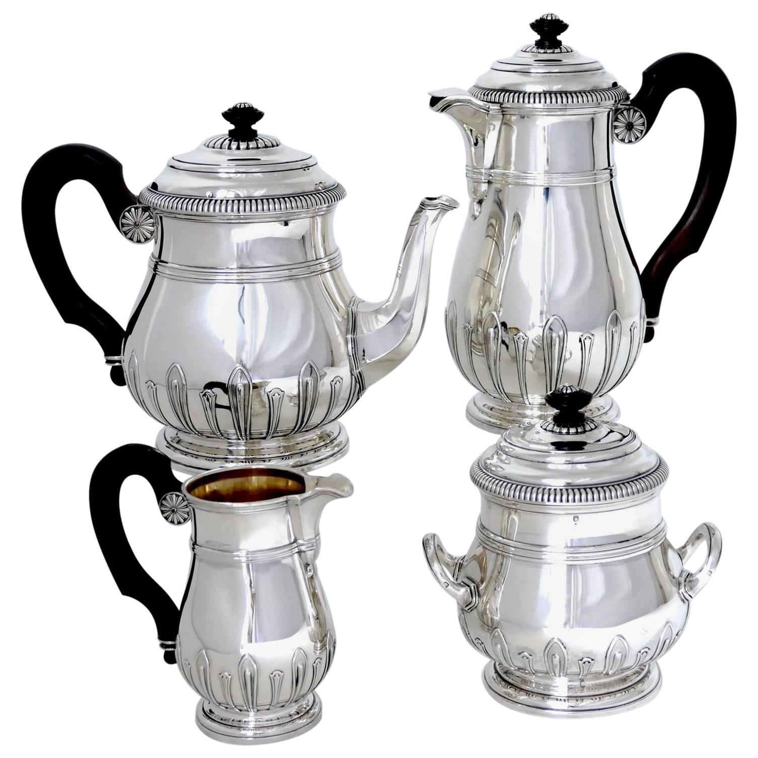 Puiforcat Sterling Silver 18-Karat Gold Tea Pot, Coffee Pot, Sugar Pot, Creamer For Sale