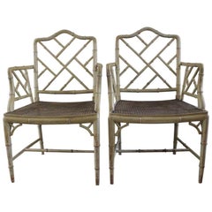 Pair of 1940s Faux Bamboo Painted Armchairs